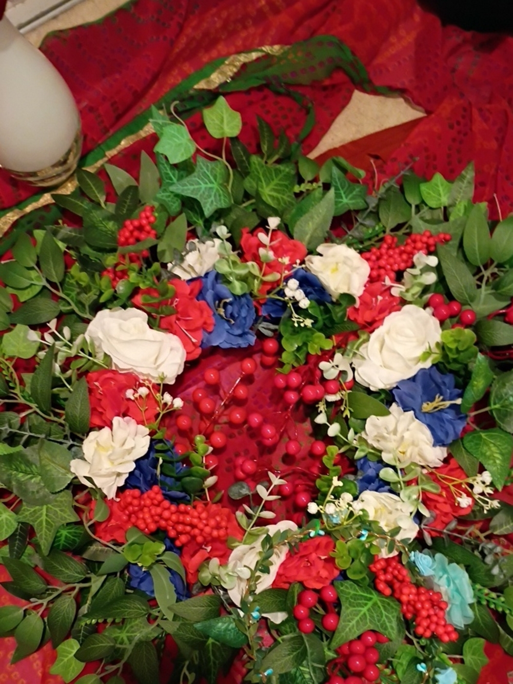 Festive Red, White & Blue Holiday Wreath -